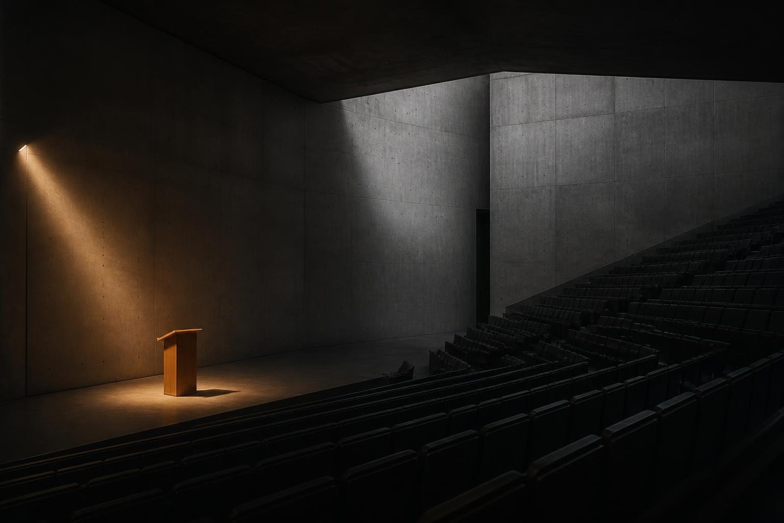 Lectern in a concrete lecture hall lit by a single warm spotlight