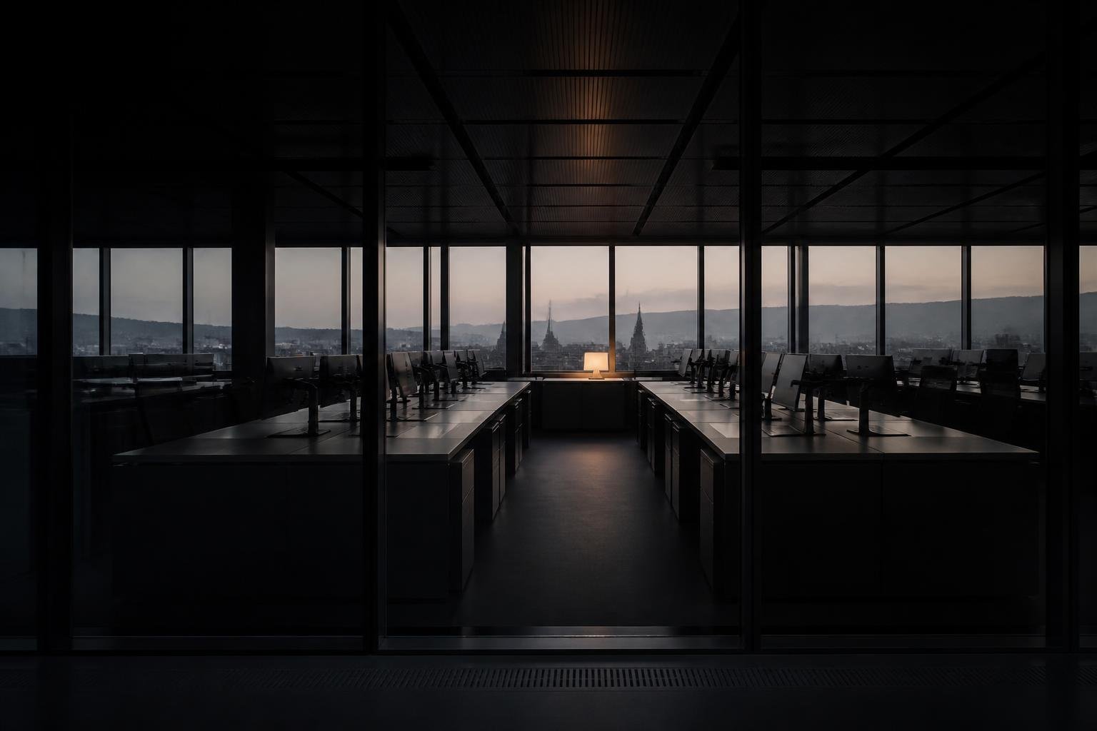 Empty Zurich trading floor at dawn, a single warm desk lamp glowing